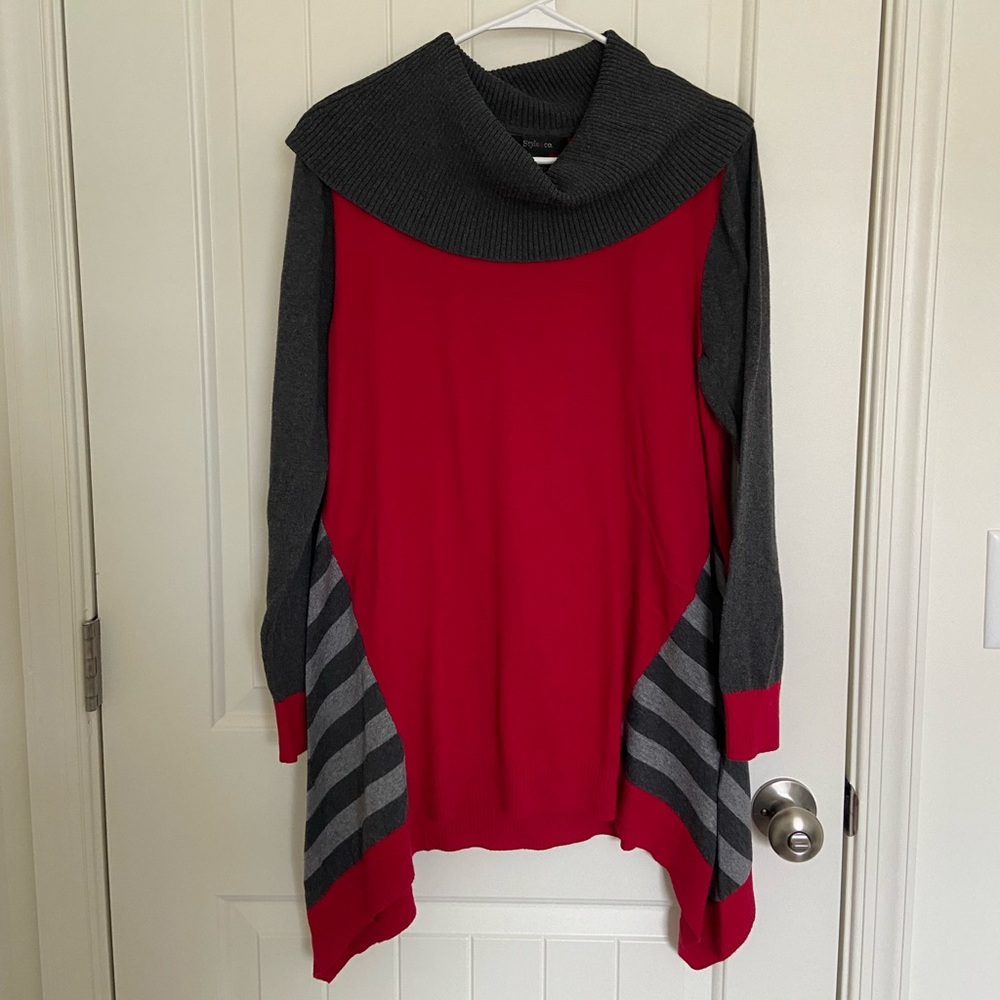 NWOT Style & Co women’s gray red cowl neck drapey tunic relaxed sweater large